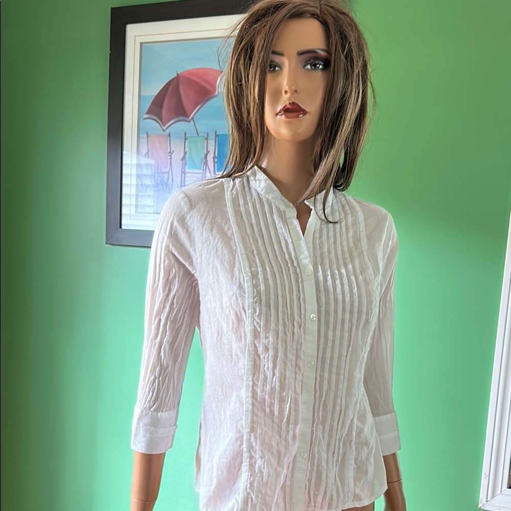🤍🤍New York & Company White 3/4 Sleeve Pleated Mandarin Collar Shirt🤍🤍